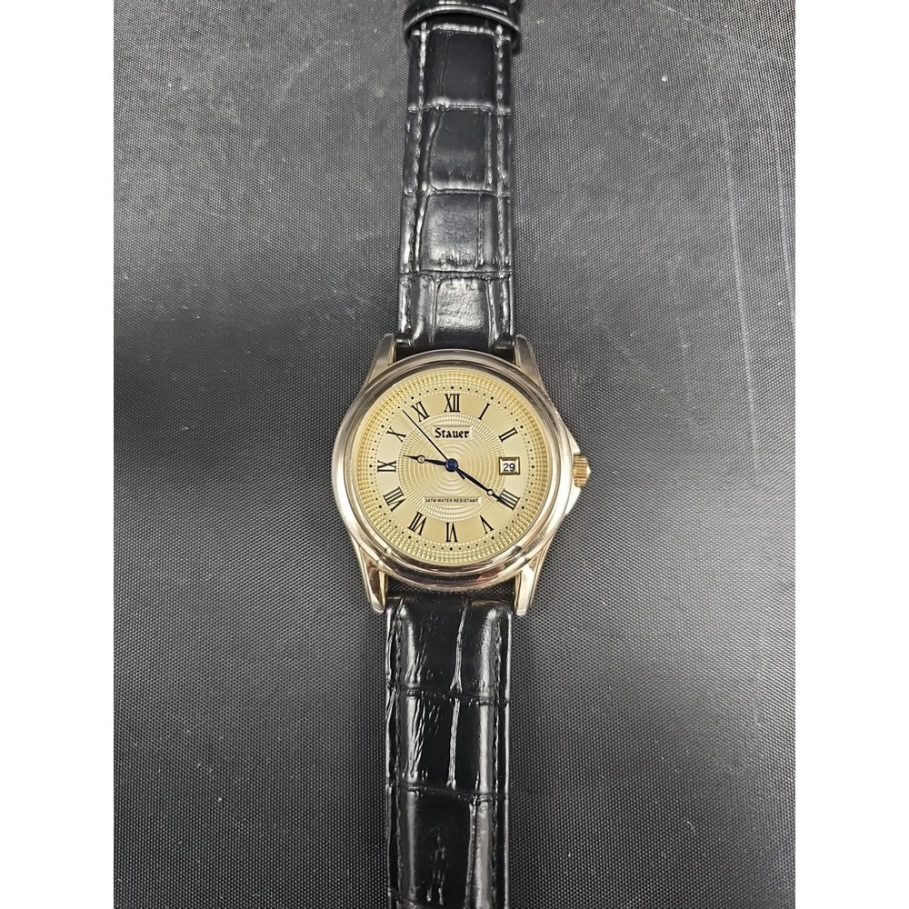 Men's Stauer Goldtone Quartz Watch w/ Date Metropolitan & Black Band # 17961